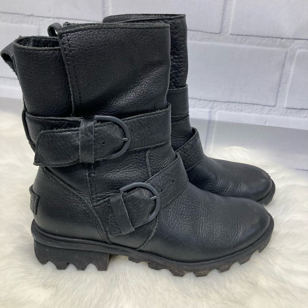 Sorel Phoenix Pebble Cowhide Leather Edgy Buckled Moto Boots USA 5/ EUR 36